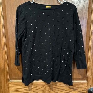 Ruby Rd Petite Black Long Sleeve Sweater Gold Stud Accents Boat Neck